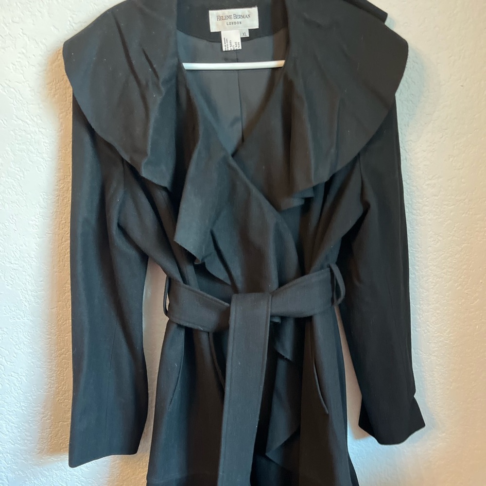 Black belted coat with flouncy collar and bottom